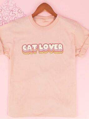 Cat Lady Pink "Cat Lover" Short Sleeve Graphic Tee with Yellow Accent
